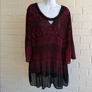 Catherines Micro-Pleated Flared Sleeve, Studded Red & Black Ombre Tunic, Size 2X